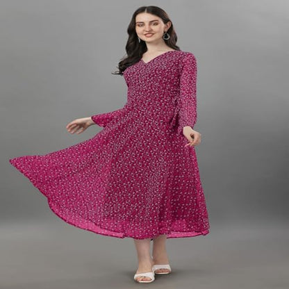 Trillmixa Georgette Floral Printed Full Sleeve V Neck Maxi-Length Fit & Flare Long Dress For WomenS (T-Mansi) Pink