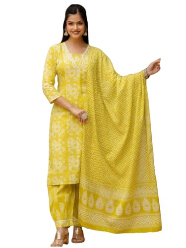 ANNI DESIGNER Womens Rayon Blend Straight Printed Kurta with Patiala & Dupatta (SAHIMA Yellow_XL_Yellow_X-Large)