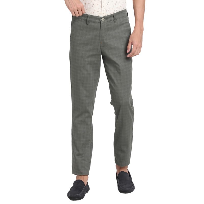 Turtle Men Cotton Stretch Olive Checkered Narrow Fit Flat Front Casual Trouser
