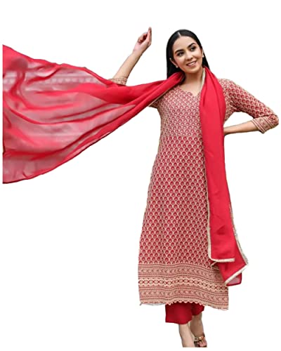 ANNI DESIGNER Womens Cotton Blend Embroidered Straight Kurta with Pants & Dupatta (Dumas-Pink_XL_Pink_X-Large)