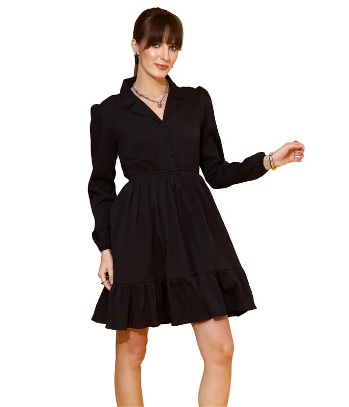 Sheetal Associates WomenS Crepe Fabric Midi Dress With Long Sleeves Collared Neck Solid Pattern And Knee Length Pull On Closure