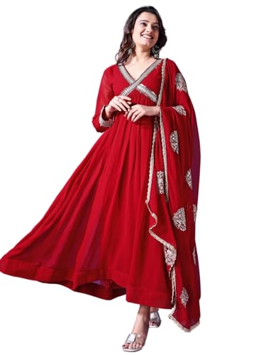 Wedani Womens Georgette Solid Anarkali Dress Maroon