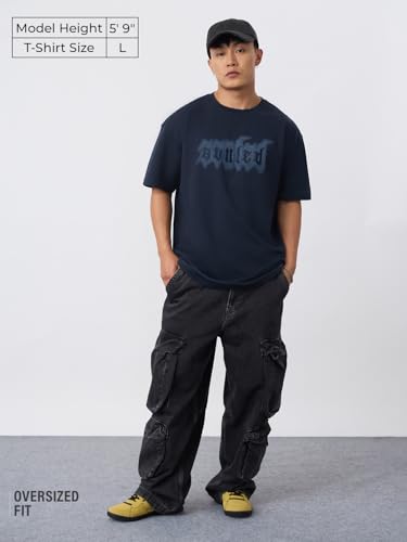 The Souled Store Souled Originals: Blue Drift Men and Boys Short Sleeves Round Neck Blue Embroidered Cotton Breathable Durable L