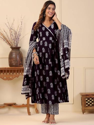 Tee Projekt WomenS Cotton Blend V-Neck Anarkali Kurta Pant With Dupatta Set Ll Floral Kurta Set For Women Purple