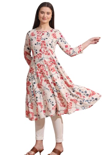 W for Woman Light Beige Floral Printed Rayon Flax Anarkali Kurta with Lace