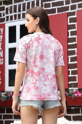 OM SAI LATEST CREATION Womens Lycra Casual Flower Printed Half Sleeve Western Top for Women/Girls Night wear Top (X-Small, Pink