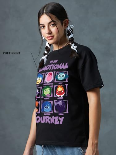 Bewakoof Heavy Duty 1.0 Official Disney Merchandise Inside Out Women Graphic Print Oversized Fit Half Sleeve Round Neck Terry T-