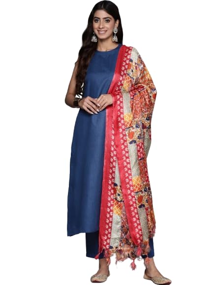 Varanga Women Navy Blue Halter Neck Solid Kurta Paired With Tonal Solid Bottom And Contrast Bhagalpuri Printed Dupatta