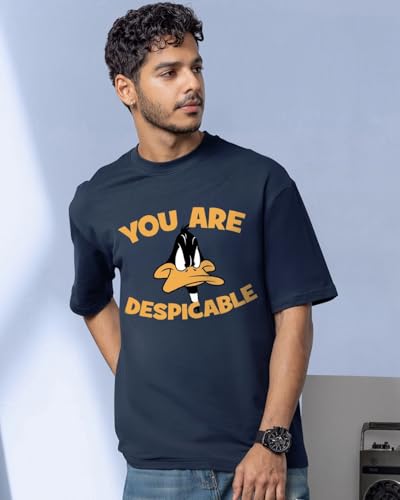Bewakoof Official Looney Tunes Merchandise Daffy Duck Mens Graphic Printed Oversized Fit Half Sleeve Round Neck Cotton Jersey T