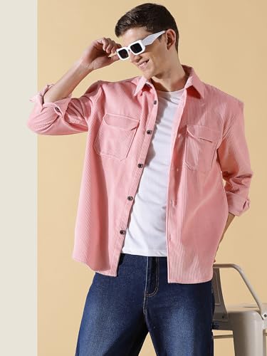 Thomas Scott Mens | Full Sleeve | Corduroy | Double Pockets | Relaxed Fit | 100% Cotton | Spread Collar | Casual | Shirts (Pink_