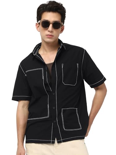 Bewakoof Mens Solid Oversized Fit Half Sleeve Collared Poplin Shirt_666757_Black_XL