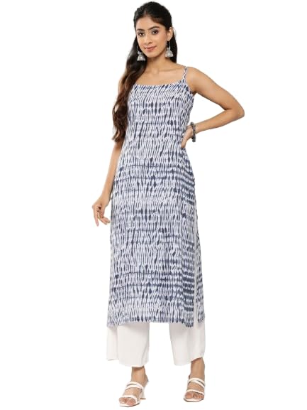 Blue And White Shibori Printed Spaghetti Strap Style Straight Kurta With Side Slits, With Adjuster Details On Strap