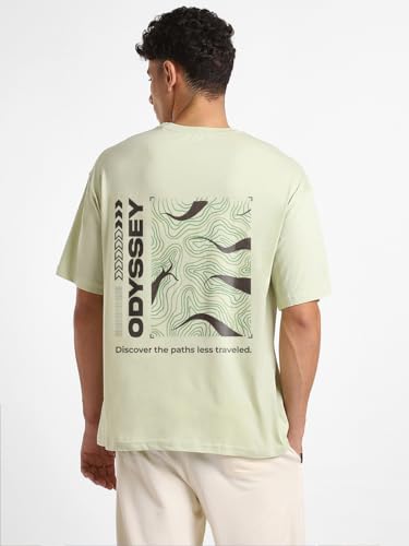 Nobero MenS Graphic Print Oversized Fit T-Shirt (1M-Twrt-C0838-Pal_Aloe Green