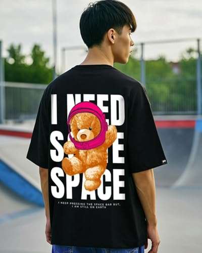 Bewakoof MenS Need Space Teddy Typography 100% Cotton T-Shirt - Oversized Fit, Round Neck, Half Sleeves Black