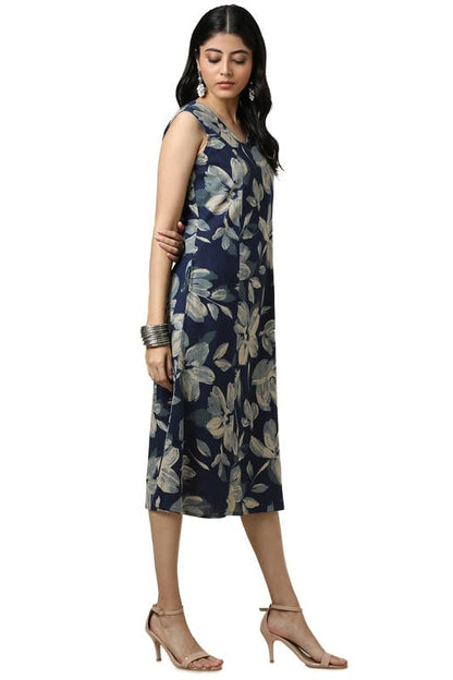 Soch Womens Indigo Cotton Slub Floral Print Dress