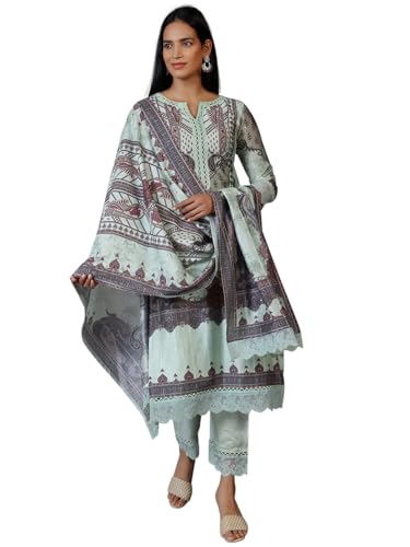 Libas Womens Printed Silk Blend Pakistani Kurta With Trousers And Dupatta