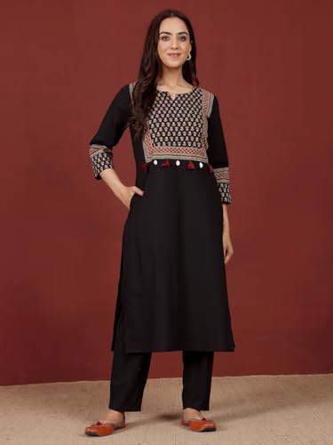 Varanga Women Jaipuri Ethnic Printed Yoke Straight Kurta Black