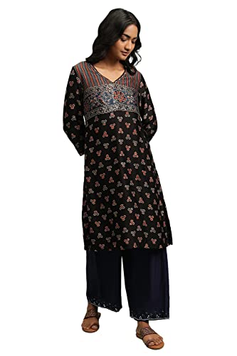 W for Woman Black Ajrakh Print Lustrous Satin Kurta