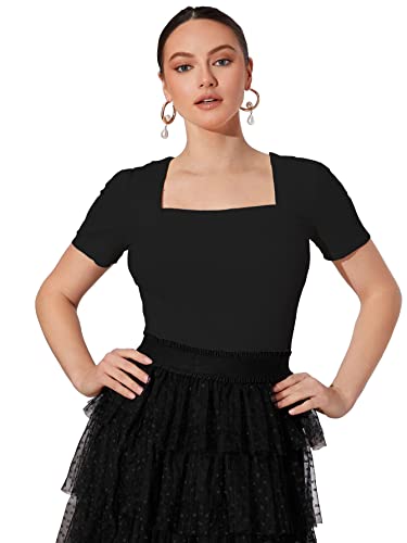 Shasmi Womens & Girls Black and Orange Solid Knitted Square Neck Regular Fit T-Shirts Short Puff Sleeve Tops (52 Pack 2 Black