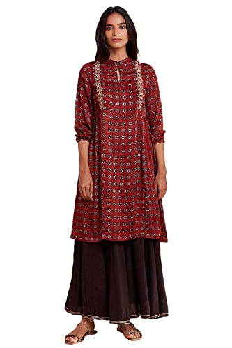 W for Woman Women's Mandarin Neck Kurta Ajrakh Print 40 L 3/4Th SLV