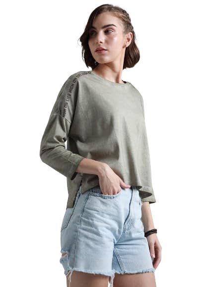 High Star WomenS Geometric Loose Fit T-Shirt (Hswtsw23006_Be_Beige