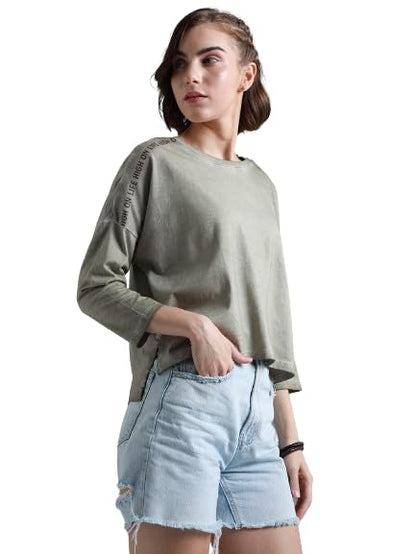 High Star WomenS Geometric Loose Fit T-Shirt (Hswtsw23006_Be_Beige