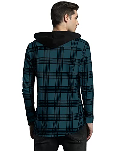 EYEBOGLER Men Checkered Hooded Neck Blue T-Shirt