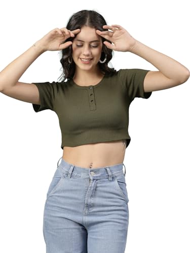 Rigo Cotton Top for Women | Stylish, Solid, Western Crop Top for Women | Round Neck, Half Sleeves Crop Top for Women