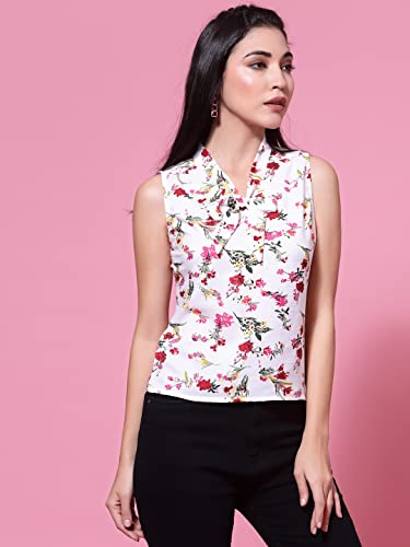 OOMPH! Womens Crepe Printed top with Tie Neck and Sleeveless