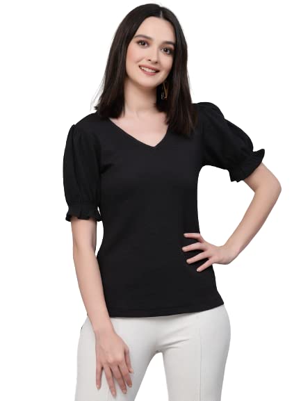 Style Quotient Women Black Poly Knit Smart Casual Short Sleeve Top