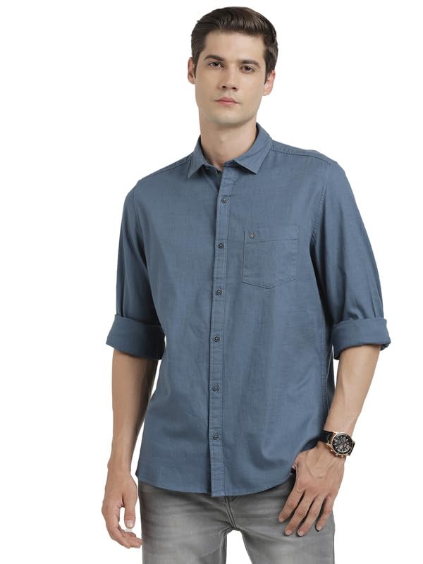 Turtle Men 100% Cotton Slim Fit Blue Solid Full Sleeve Casual Shirt