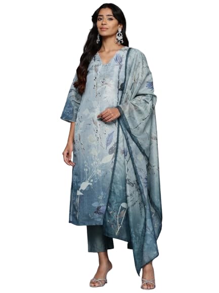 VARANGA Women Grey Blue Floral Printed Straight Kurta With Trousers And Dupatta