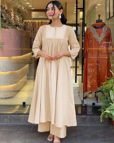 Toochki Womens Muslin Flared Anarkali Embroidered Kurta with Palazzo Beige