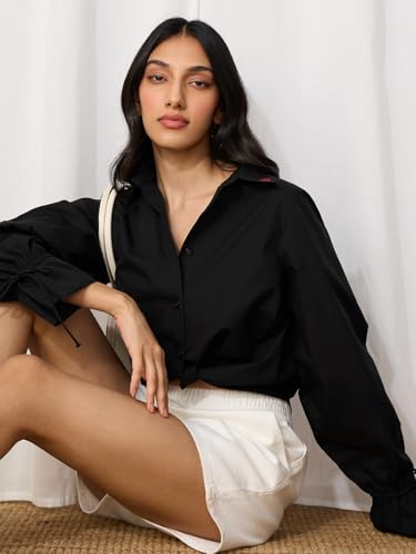 The Souled Store Hearts Women and Girls Long Sleeves Collared Neck Button Front Solid Black Regular Fit Cotton Shirts
