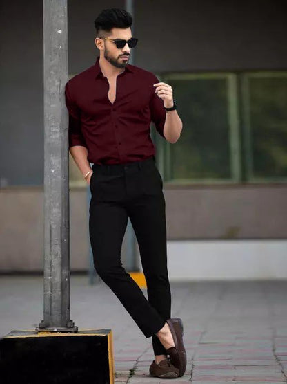 Tee Projekt Shirt for Men Cotton Plain Spread Collar Casual Shirt Parfect for ormal Wear, Home Wear, Office Wear Maroon