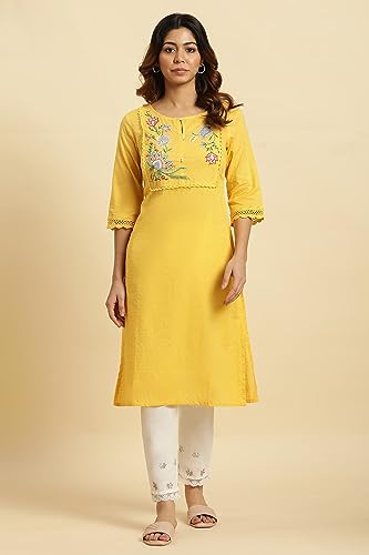 W for Woman Yellow Cotton Swiss Dot Embroidered Kurta