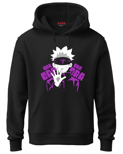 ADRO Mens Hoodies with Jujutsu Kaisen ORA ORA Anime Printed, 100% Cotton 340GSM. (H23-M-ORA-BL_Black_XL)