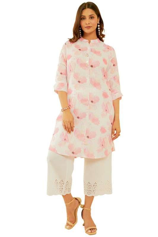Soch Womens Off White & Pink Floral Print Linen Blend Kurta