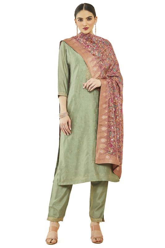 Soch Womens Sap Green Silk Blend Zari Embroidered Suit Set With Contrast Dupatta