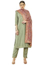 Soch Womens Sap Green Silk Blend Zari Embroidered Suit Set With Contrast Dupatta