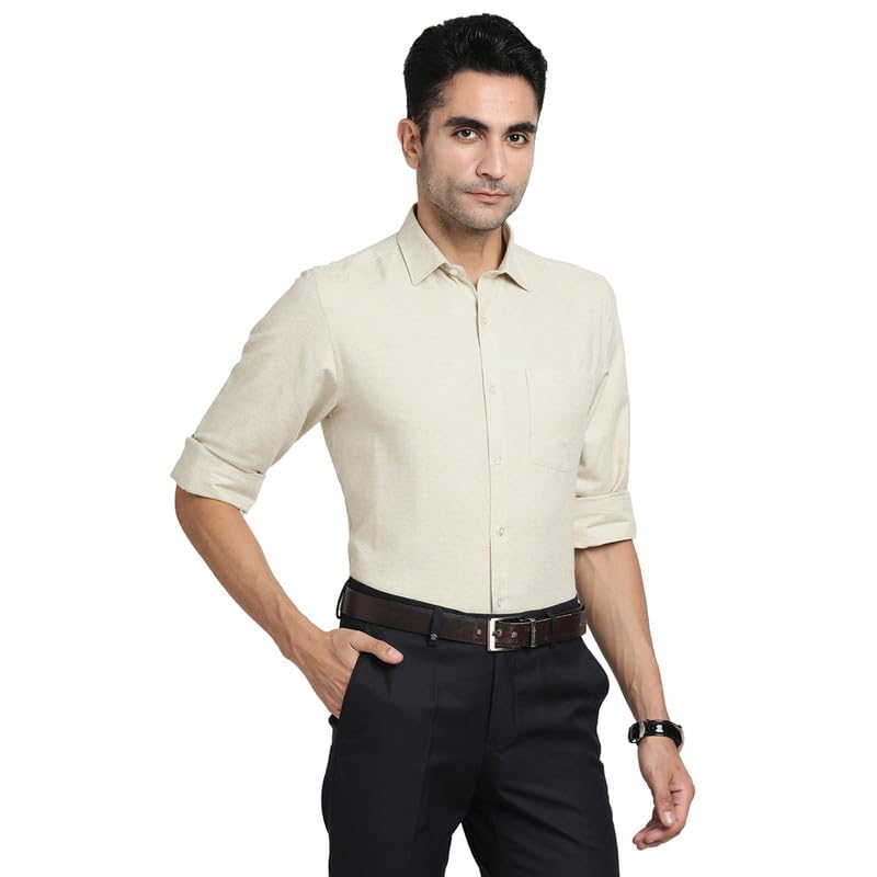Turtle Men 100% Cotton Beige Solid Slim Fit Formal Shirts