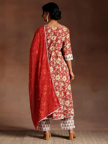 Pinkmint Womens Elegant Floral Anarkali Muslin Kurta Set& Straight Pant with Fancy Dupatta Fetive & Ethnic Suit Set Wear Red