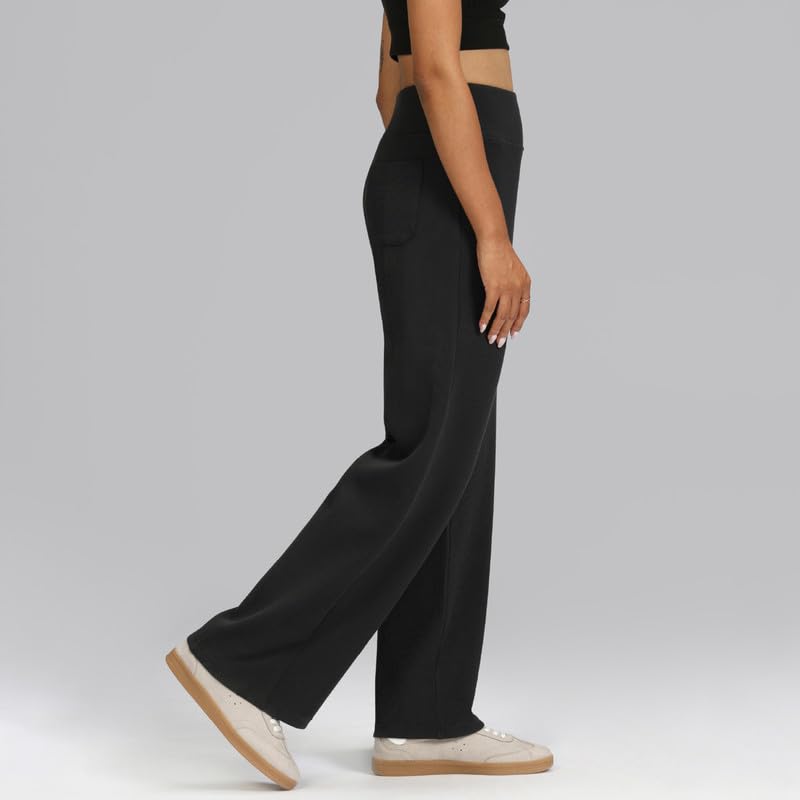 BlissClub Womens RibSupreme Wide Pants, High-Rise Waistband, Back Pockets, Wide Silhouette, Luxurious Feel,Regular Variant Below