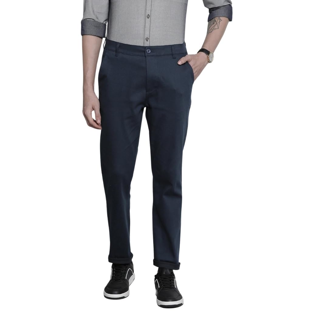The Indian Garage Co Men Slim Fit Solid Mid-Rise Stretchable Chinos Navy Blazer
