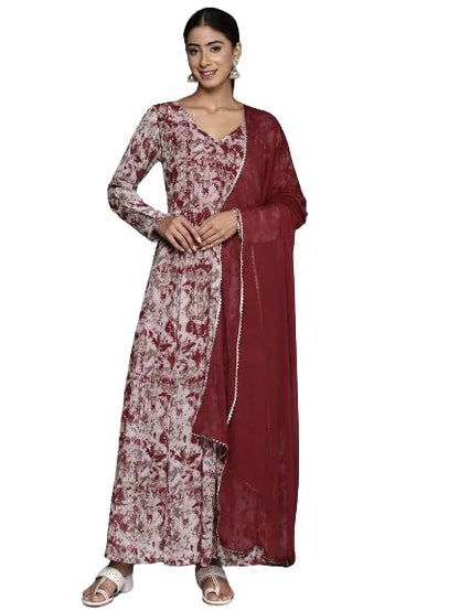 Varanga Maroon Abstract Printed V-Neck Embellished with Triangular Lace, Long Sleeves Embellished with Gota Lace Anarkali Kurta Paired with Tonal Dupatta