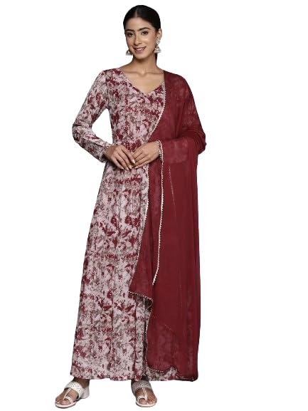 Varanga Maroon Abstract Printed V-Neck Embellished with Triangular Lace, Long Sleeves Embellished with Gota Lace Anarkali Kurta Paired with Tonal Dupatta