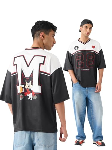 The Souled Store Mickey Mouse: Slam Dunk Men and Boys Short Sleeves V-Neck Black and White Graphic Printed Polyester Oversized T