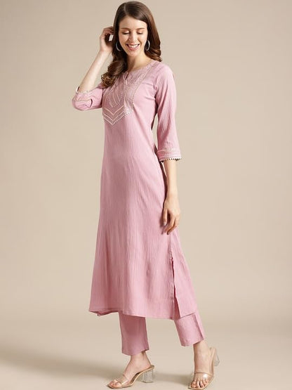 Varanga WomenS Mauve Straight Kurta With Gota Lace, Round Neckline, Side Slits, Straight Hemline - Casual Wear