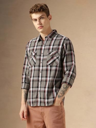 Dennis Lingo MenS| Grey| Full Sleeve| Spread Collar| Checkered| Regular Fit| Casual Shirt