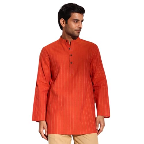 Fabindia MenS Cotton Blend Striped Regular Short Kurta (1038369Orange_Orange